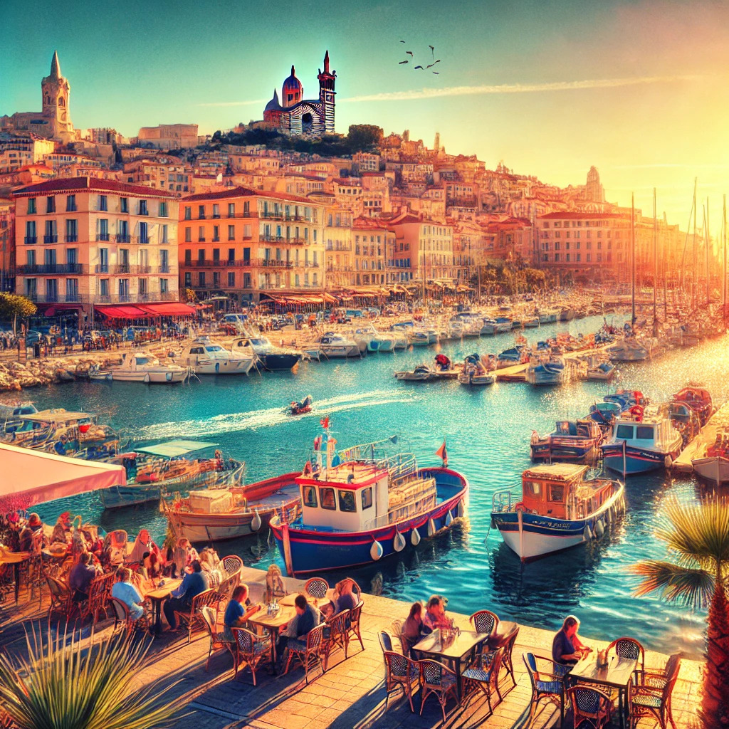 Scène animée du Vieux-Port de Marseille avec des bateaux colorés et la basilique Notre-Dame de la Garde en arrière-plan sous un ciel ensoleillé