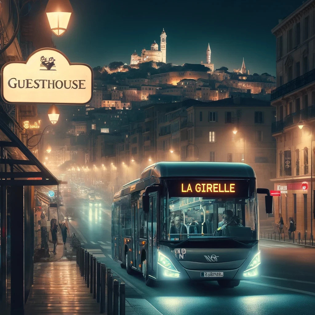 Bus de nuit N1 à Marseille passant devant la Guesthouse La Girelle avec des voyageurs profitant de la nuit.