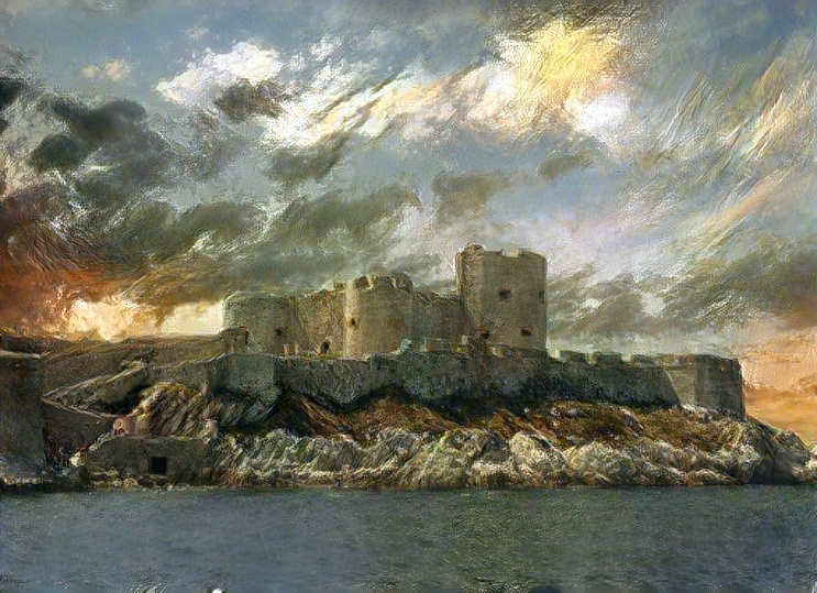 Cette peinture illustre le Château d'If, une forteresse historique située sur une île près de Marseille, avec un ciel dramatique et des couleurs de coucher de soleil. Elle capture l'atmosphère unique de ce lieu célèbre, lié à l'histoire du Comte de Monte-Cristo.